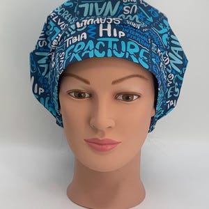 Orthopedic Phrases on Blue Organic Cotton Fabric Bouffant, Euro, or Unisex/Mens Style  Surgical Scrub Hat-Doctor-Nurse-Orthopedic Surgeon