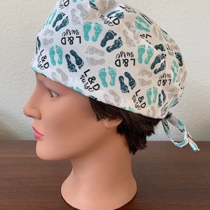 Unisex or Men’s Scrub Hat-Blue on White Labor and Delivery Nurse Organic Cotton Fabric-USA Made-Scrub Caps-Surgical Cap-Nurse-Doctor-Medical