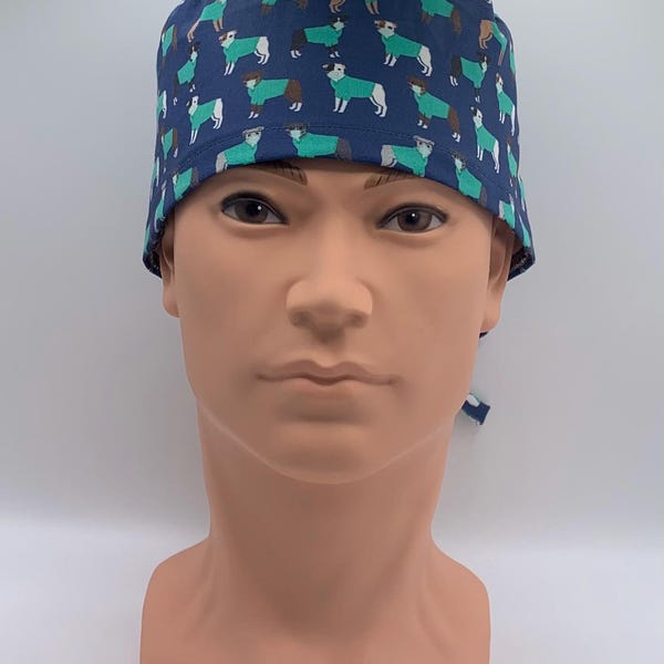 Pitbulls con uniformes médicos de algodón orgánico azul marino unisex/para hombre, gorro bouffant o europeo: enfermero, médico, anestesiólogo, veterinario o técnico.