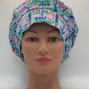 Euro or Bouffant Scrub Hat-Golf Phrases on White Organic Cotton-USA Made-Scrub Caps-Surgical Cap-Nurse-Doctor-Veterinarian-Tech-Dentist-Chef