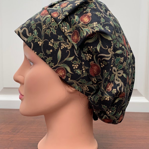 Bouffant Scrub Hat-Christmas Pomegranate Print Fabric-USA Made-Scrub Caps-Surgical Cap-Nurse-Vet-Chemo-Dental- Baking