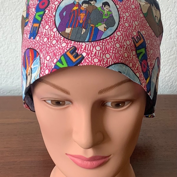 Bouffant or Euro Style Scrub cap made from licensed Beatles Fabric Pink Lettering-USA Made-Scrub Caps-Surgical Cap-Nurse-Vet-Chemo-Dental