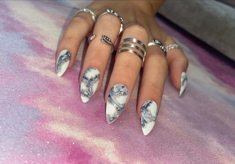Black grey white marble press on nails image 1