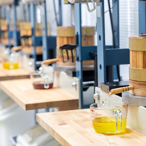 May include: A row of industrial presses with wooden barrels and measuring cups filled with yellow liquid. The presses are mounted on a metal frame with blue accents, set on wooden work surfaces.