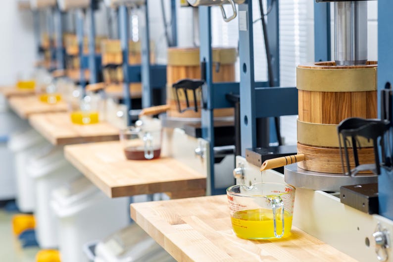 May include: A row of industrial presses with wooden barrels and measuring cups filled with yellow liquid. The presses are mounted on a metal frame with blue accents, set on wooden work surfaces.