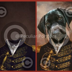 Könnte beinhalten: Digitales Porträt eines schwarzen Hundes, der eine marineblaue Militärjacke mit goldenen Verzierungen und ein weißes Hemd trägt. Der Kopf des Hundes ist geneigt, und der Hintergrund ist eine Mischung aus Braun- und Beigetönen. Der Text "@ Peculiar Portraits" ist enthalten.