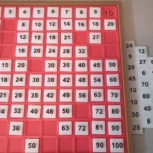 May include: A red plastic game board with white numbers from 1 to 100. The numbers are arranged in a grid pattern. There are also white tiles with numbers on them, arranged in a triangle shape to the right of the board.