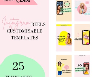 Könnte beinhalten: Ein Satz von 25 anpassbaren Instagram-Reel-Vorlagen mit einem rosa und grünen Farbschema. Die Vorlagen bieten verschiedene Business-Tipps, darunter wie man sein Publikum vergrößert, die ersten 6 Zahlen erreicht und neue Leads findet.