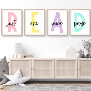 Leer letrero para sala de juegos Sólo una página más Pastel Decoración del aula Decoración de la pared de la sala de juegos Conjunto de 4 impresiones de la sala de juegos Leer arte de la pared de letras Permite leer