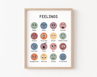 May include: A colourful chart with the word "FEELINGS" at the top and 16 different facial expressions representing various emotions. Each emotion is labelled below the corresponding face.