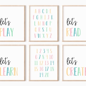 Let's Play Let's Read Let's Learn Let's Create Set of 4 Playroom Prints, Pastel Classroom Decor, Let's Play Sign Nursery Wall Art Kids Decor