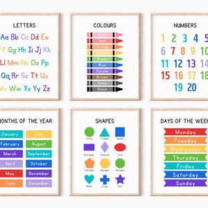 Set of 6 Educational Wall Art, Classroom Posters, Homeschool Printables, Educational Poster, Alphabet Poster, Kids Wall Art, Playroom Poster