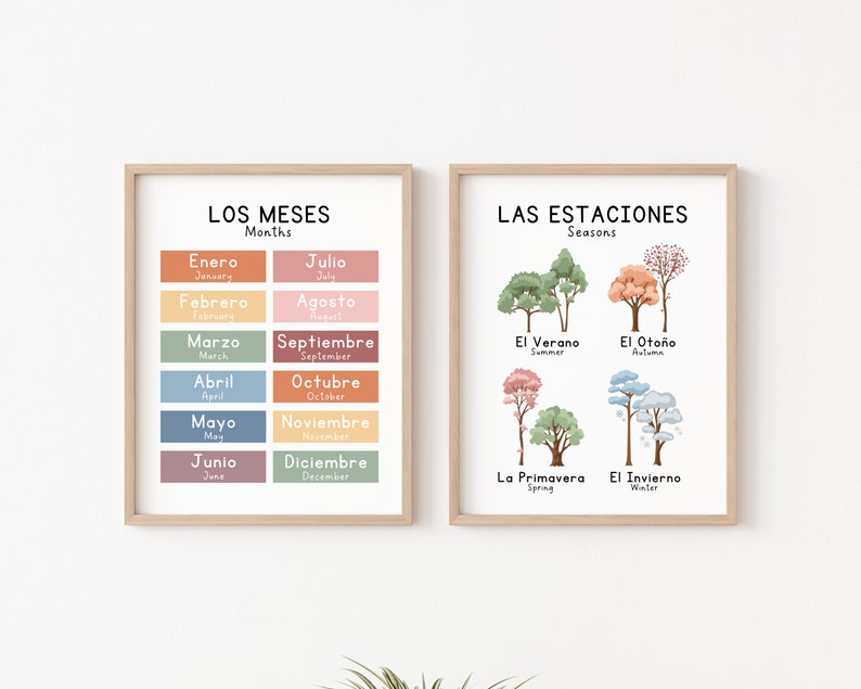 May include: Two framed educational posters in Spanish. The left poster lists the months of the year in Spanish and English. The right poster lists the four seasons in Spanish and English, with illustrations of trees representing each season.
