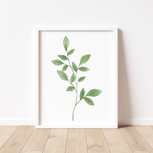 May include: A white framed print of a watercolor painting of a green leafy branch with a white background.