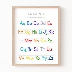 Regenbogen Alphabet Poster, Handschrift Chart Print, pädagogische Wand Kunst druckbar, Homeschool Klassenzimmer Dekor, ABC Poster, Regenbogen Spielzimmer