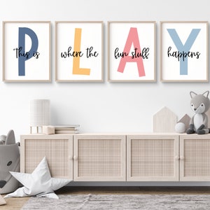 Set of 4 Playroom Prints, Nursery Wall Art, Playroom Wall Decor, This Is Where The Fun Stuff Happens, Kids Room Decor, Let&#39;s Play Sign