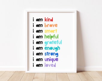 Affirmations for Kids, Classroom Posters, I Am Affirmations, Playroom Sign, Affirmations Poster, Homeschool Decor, I Am Kind Smart Loved