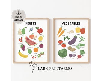 Stampe didattiche di frutta e verdura, download digitale, poster per la classe, decorazioni murali per bambini, stampe per l'istruzione parentale dei più piccoli, educazione Montessori