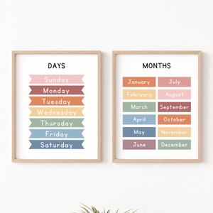 May include: Two framed prints with colorful banners listing the days of the week and the months of the year. The days of the week are listed in a vertical column on the left print, and the months of the year are listed in two vertical columns on the right print.