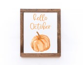 Hello October Printable, Fall Printable Art, Rustic Fall Print, Fall Wall Art, Pumpkin Printable, Autumn Print, Fall Sayings, Fall Decor