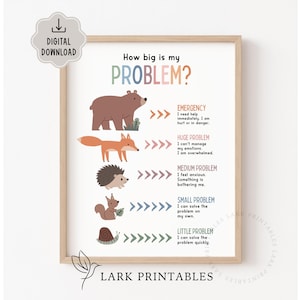 Peut inclure: Une affiche encadrée avec le texte "How big is my PROBLEM ?" et des illustrations d'un ours, d'un renard, d'un hérisson, d'un écureuil et d'un escargot. L'affiche classe les problèmes de "Urgence" à "Petit problème".