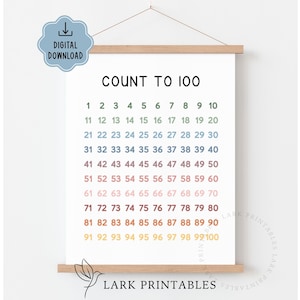 以下が含まれることがあります： 黒色の「COUNT TO 100」というテキストが入った、カラフルな教育用ポスター。1から100までの数字が虹色のグラデーションで表示されています。ポスターは木の棒と紐で吊るされています。「DIGITAL DOWNLOAD」という文字が青い雲の形の中にあります。