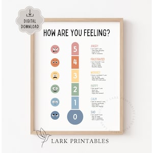 Puede incluir: Una impresi&oacute;n enmarcada con el texto "HOW ARE YOU FEELING?" y una escala de emociones, de triste a enfadado, con emoticonos correspondientes. La impresi&oacute;n incluye el texto "DIGITAL DOWNLOAD" y el logotipo "LARK PRINTABLES".