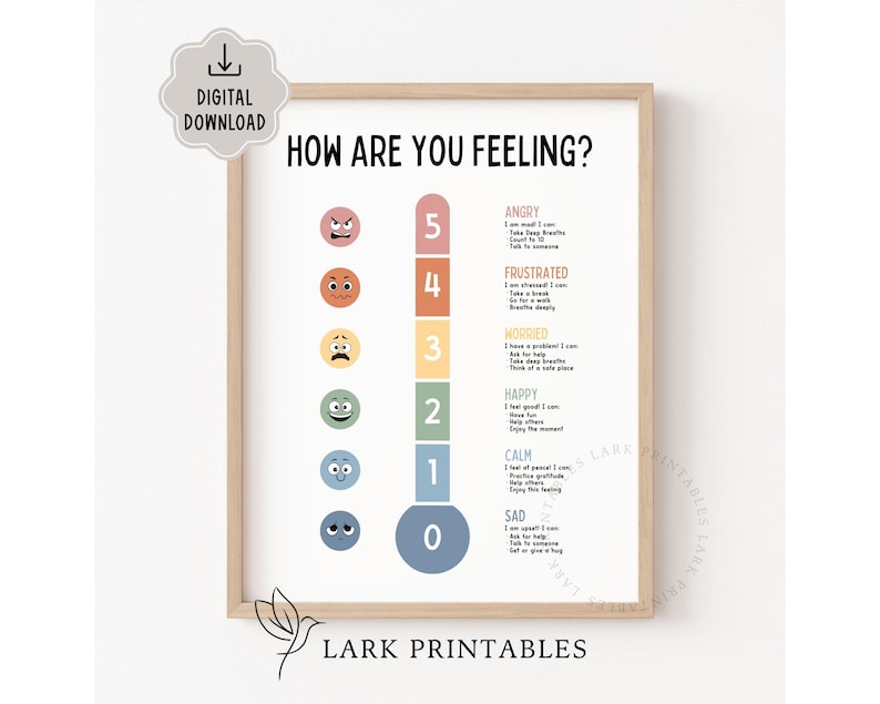 Puede incluir: Una impresi&oacute;n enmarcada con el texto "HOW ARE YOU FEELING?" y una escala de emociones, de triste a enfadado, con emoticonos correspondientes. La impresi&oacute;n incluye el texto "DIGITAL DOWNLOAD" y el logotipo "LARK PRINTABLES".