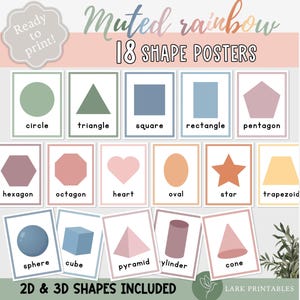 May include: A collection of 18 shape posters in a muted rainbow color palette. Each poster features a different 2D or 3D shape, such as a circle, triangle, square, and cube. The text "Muted rainbow 18 SHAPE POSTERS" is at the top.
