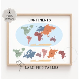 Op de afbeelding: Een ingelijste print met een kleurrijke wereldkaart met gelabelde continenten. De tekst "CONTINENTS" staat bovenaan en "DIGITAL DOWNLOAD" staat in een wolkvormig pictogram. De tekst "LARK PRINTABLES" staat rechtsonder.
