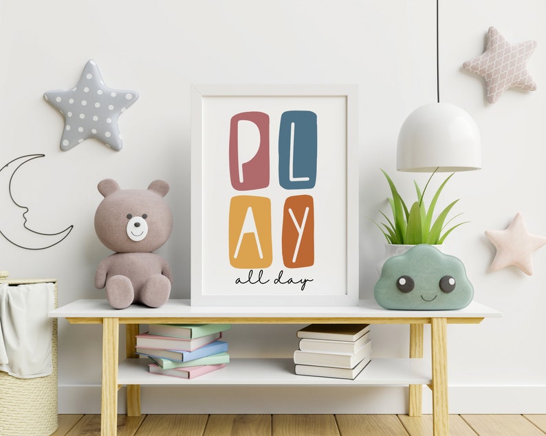 Play All Day Playroom Poster Printable, Kids Wall Decor, Play Typography Wall Art Print, Toddler Room Decor, Play All Day Sign, Play Print image 3