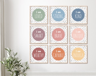 Set of 9 Square Nursery prints, Positive Affirmations For Kids, Boho Classroom Decor, Classroom Poster, You Are Loved, Kids Affirm Wall Art