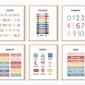 Set of 6 Educational Wall Art, Classroom Posters, Homeschool Printables, Educational Poster, Alphabet Poster, Kids Wall Art, Playroom Poster