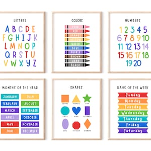 Set of 6 Educational Wall Art, Classroom Posters, Homeschool Printables, Educational Poster, Alphabet Poster, Kids Wall Art, Playroom Poster