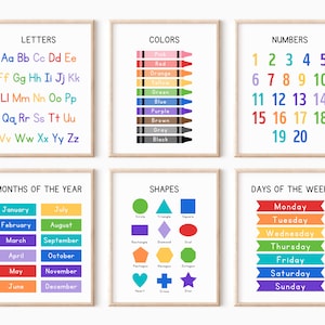 Juego de 6 carteles educativos para pared, carteles para el aula, imprimibles para la educación en el hogar, carteles educativos, carteles del alfabeto, arte mural para niños, carteles para la sala de juegos