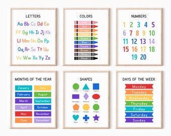 Set of 6 Educational Wall Art, Classroom Posters, Homeschool Printables, Educational Poster, Alphabet Poster, Kids Wall Art, Playroom Poster