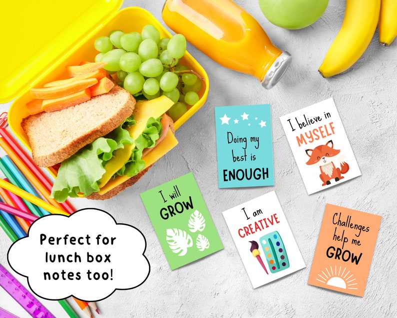 May include: Ten colourful motivational cards with positive messages, such as "I will grow", "Doing my best is enough", and "Challenges help me grow". The cards are perfect for adding a little encouragement to a lunchbox or for using as notes.