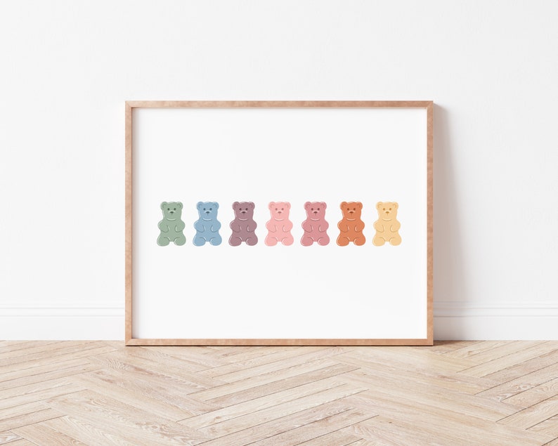 Bear Nursery Wall Art Prints, Gummy Bear Print, Cute Nursery Girl Wall Art, Neutral Nursery Print, Boho Pastel Rainbow Playroom Wall Decor image 4