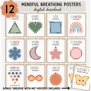 May include: A collection of 12 mindfulness breathing posters with various shapes and designs, including a triangle, heart, box, rainbow, flower, moon, star, octagon, infinity, and circle. The posters are in neutral tones with the text "MINDFUL BREATHING POSTERS digital download".