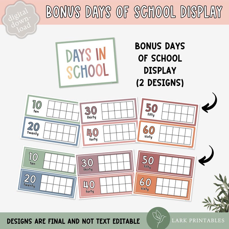 May include: Two designs of printable classroom charts for tracking school days. The charts are in a pastel colour scheme with a green, blue, and pink colour palette. The charts are labelled with numbers 10, 20, 30, 40, 50, and 60. Each chart has a grid with 10 squares to count the days.