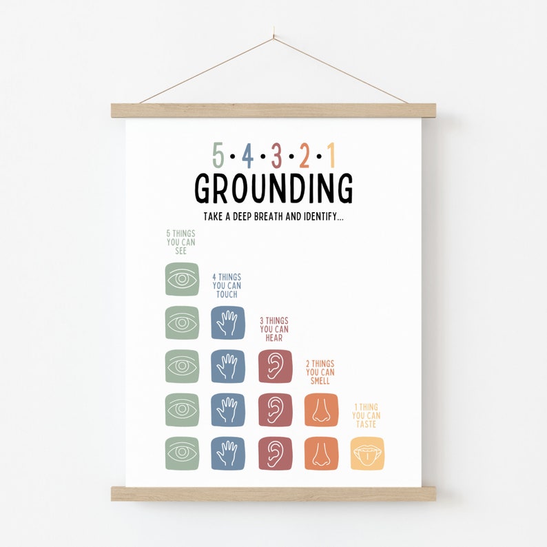 May include: A printable poster with the text "5-4-3-2-1 Grounding" and instructions to "Take a deep breath and identify..."  The poster features five rows of icons representing things you can see, touch, hear, smell, and taste.