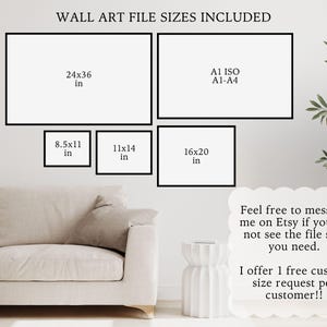 May include: A white wall with black frames displaying different sizes of wall art prints. The sizes are listed in inches: 24x36, 8.5x11, 11x14, 16x20, and A1 ISO A1-A4. The text "Feel free to message me on Etsy if you do not see the file size you need. I offer 1 free custom size request per customer!!" is written below the frames.