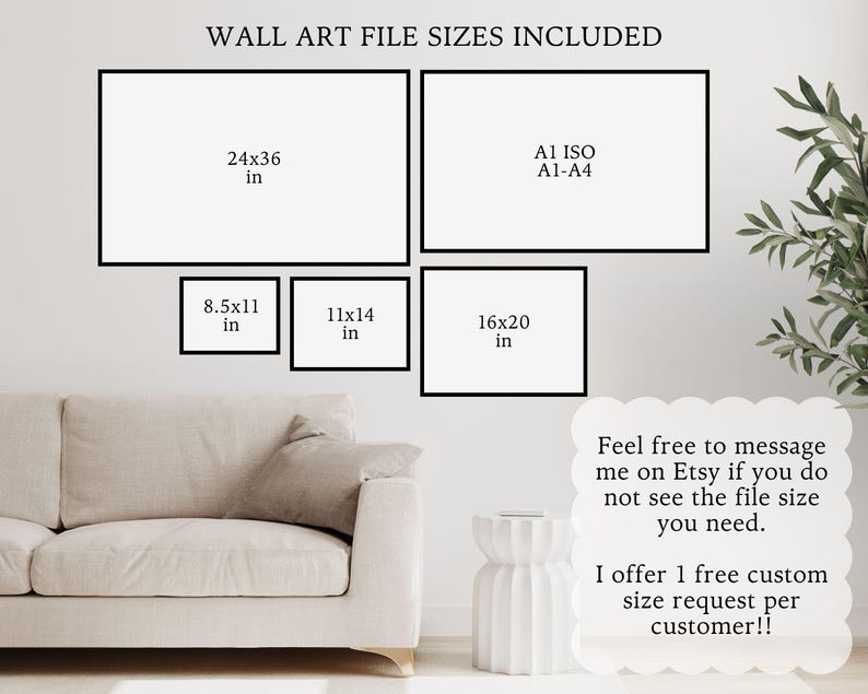 May include: A white wall with black frames displaying different sizes of wall art prints. The sizes are listed in inches: 24x36, 8.5x11, 11x14, 16x20, and A1 ISO A1-A4. The text "Feel free to message me on Etsy if you do not see the file size you need. I offer 1 free custom size request per customer!!" is written below the frames.