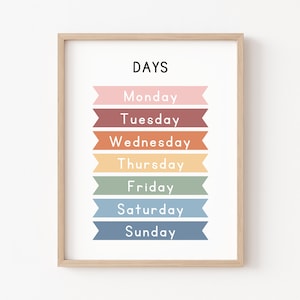 Tage der Woche Poster, pädagogische Wandkunst, Kindergarten Vorschule Ausdrucke, Klassenzimmer Poster, Boho Klassenzimmer, Homeschool Poster