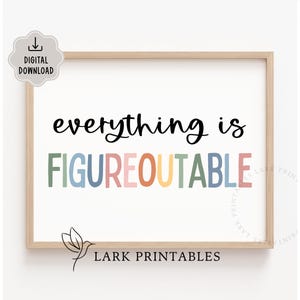 May include: A framed print with the words "everything is FIGUREOUTABLE" in black and colorful letters. The print has a light wood frame and a "DIGITAL DOWNLOAD" icon in the upper left corner. The bottom right corner has the text "LARK PRINTABLES".