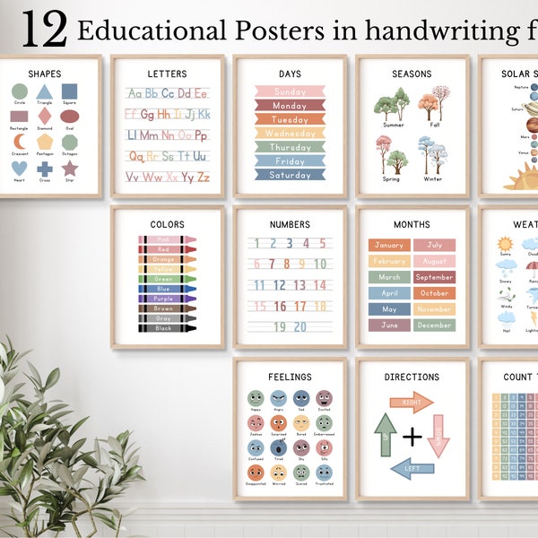 Set of 12 Educational Posters, Montessori Classroom Decor, Homeschool Prints Rainbow Handwriting Alphabet Chart, ABC Boho Toddler Room Decor