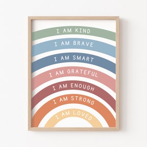 Art mural affirmations arc-en-ciel, affirmations pour les enfants, I am Kind Loved Brave Enough, inspiration art mural pour chambre d'enfant, affirmations positives