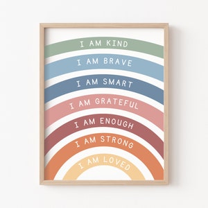 Rainbow Affirmations Wall Art, Affirmations for Kids, I am Kind Loved Brave Enough, Inspirational Nursery Wall art, Positive Affirmations