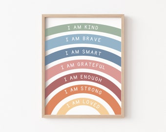 Affirmations for Kids, Playroom Wall Decor, Rainbow Affirmations Print, Boho Classroom Decor, I am Wall Art, Kids Affirmations Poster