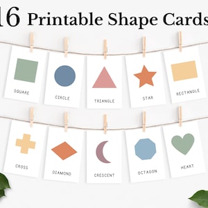 16 Shape Flash Cards, Geometric Shapes, Preschool Montessori Materials, Homeschool Printables, Pastel Boho Classroom Decor, DIGITAL DOWNLOAD